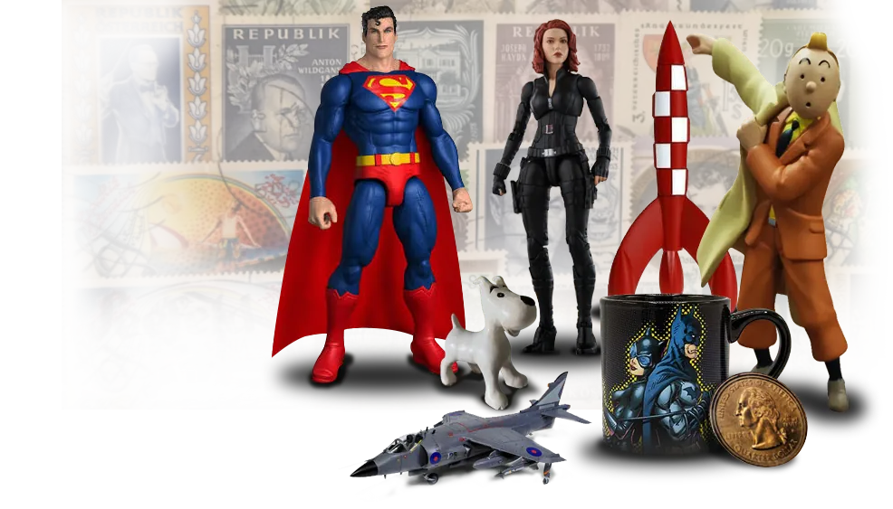 Premium collectibles collage of Superman, Tintin, stamps, and jet model
